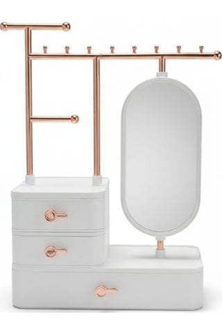 Aynalı Takı Düzenleyici Organizer Çekmeceli Masaüstü Takı Standı, Rose Gold Metal Askılı Beyaz
