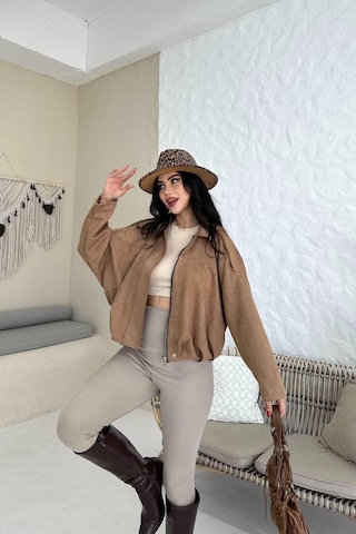 Prifaldi Premium Oversize Ekru Süet Bomber Ceket Vizon