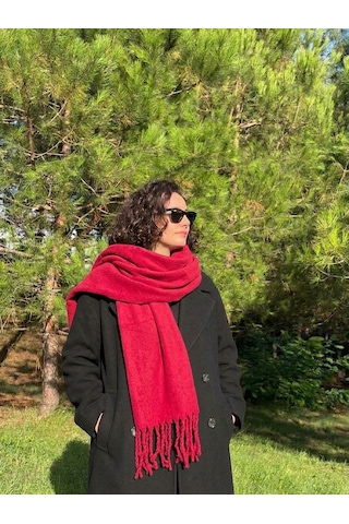 Yusan Tekstil Püsküllü Düz Renk Atkı-kışlık Yumuşak Dokulu Atkı Kırmızı