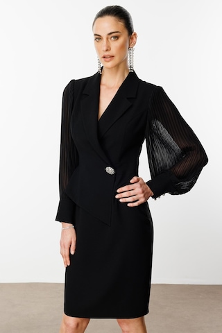 Moda İlgi Kadın Kolları Piliseli Kruvaze Kapamalı Midi Boy Elbise 6617 Siyah Siyah