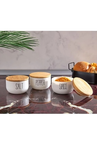 3'lü Yaldızlı Baharat Seti Salt-Pepper-Spice Beyaz