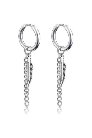 Samdoo Erkekler İçin Gümüş Renkli Tüy Pendanlı Vintage Metal Çember Küpe - Deliksiz Tasarım, Konforlu Taşım, Paslanmaz Çelik Malzeme Diğer