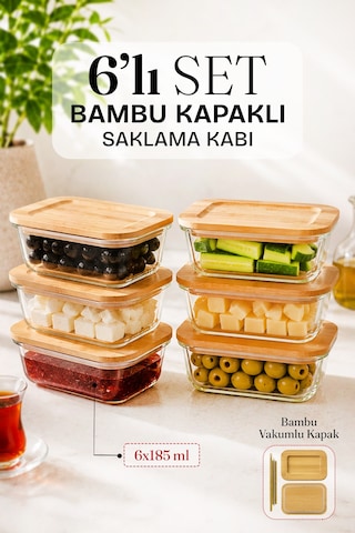 Bambu Vakumlu Kapaklı 6'lı Dikdörtgen Kase Cam Saklama Kabı Kahvaltılık Buzdolabı Tatlı Fırın Borcam