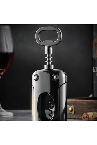 Fastbuy Üçlü Mekanizmalı Paslanmaz Çelik Şarap Tirbuşonu - Ayna Yüzeyli Profesyonel Sommelier Büküm Vidası Siyah Hızlı Kolay Siyah