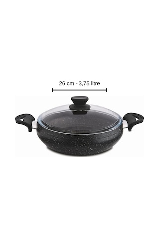 Granit Pro 26 Cm Basık Granit Güveç Tencere Siyah Bakalit Saplı Cam Kapaklı Yapışmaz