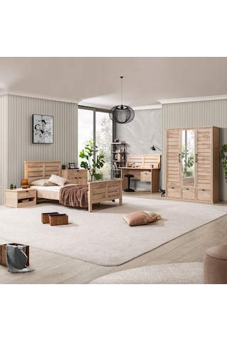 Polo Genç Odası - 3 Kapaklı Dolap, Karyola, Komodin, Çalışma Masası, Şifonyer, Kitaplık Ceviz
