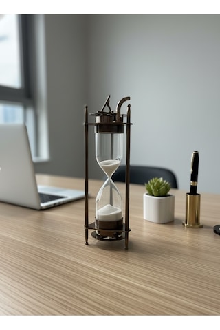 Güneş Saatli Metal Kum Saati 22 Cm Beyaz Kumlu Antik Bronz Vintage Lüks Hediyelik Dekoratif Aksesuar