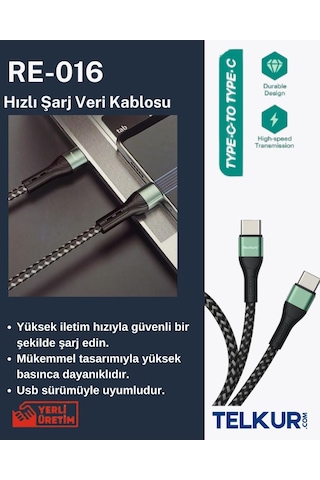Ferro Reshurk Re-016 Type-c & Type-c 60w Metal Uclu 1000cm 3,1a Hasır Kablo