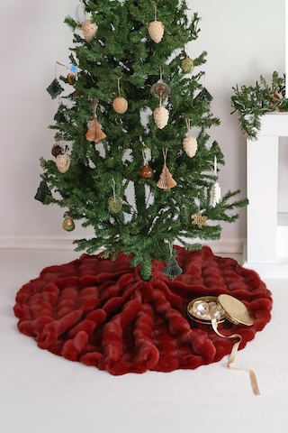 Çam Ağacı Ayak Halısı Örtüsü, Yılbaşı Ağacı Altı Örtüsü Peluş Bordo, Bubble Halı 100x100 Cm
