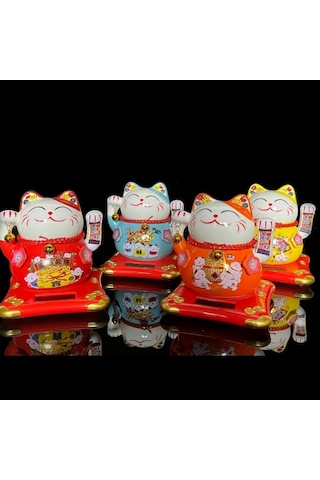 Seramik Maneki Neko Turuncu Güneş Enerjili Şans Kedisi 12cm No.4