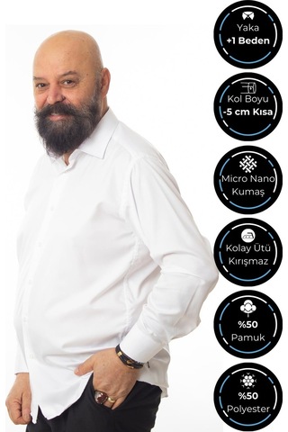 Beyaz Ekstra Büyük Yaka 4 Drop Rahat Kesim Micro Kumaş Kol Düğmeli Regular Fit Erkek Gömlek - 189-1-dc24w 001