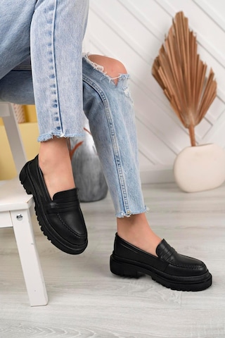 Aymood Kadın Loafer Yuvarlak Burun Maskülen Bağcıksız Yüksek Dolgu Taban Oxford Ayakkabı E Siyah Cilt Siyah