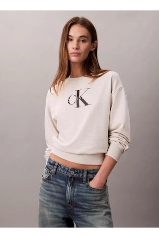 Calvin Klein Jeans Monologo Uzun Kollu Rahat Kesim Penye Bisiklet Yaka Kadın Gri Sweatshirt Lv047b23 Gri