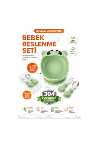 Yeşil Premium Çocuk Vakumlu Silikon Beslenme Mama Kase, Paslanmaz Çelik Çatal-kaşık /9+ Ay