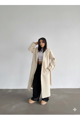 Roll Fashion Krem Kadın Geniş Yaka Kuşaklı Uzun Kaşe Palto Açık Bej