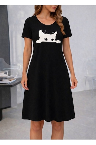 Alyn Wear Kadın Kısa Kollu Bisiklet Yakalı Kedi Desenli Viskon Kısa Elbise Siyah