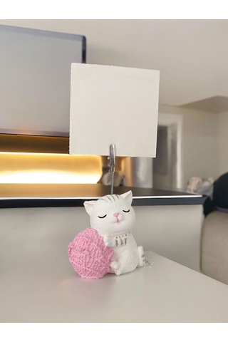 Yumak Tutan Kedi Not - Fotoğraf Tutuculu Biblo Obje Beyaz Pembe