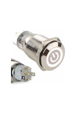 Alkatronik 16mm Metal Buton Beyaz Power Sembol Led Işıklı Panel Montaj Düz Kafa Kilitlemeli Dc 6a 12v Ip67 Düğm 1