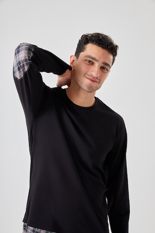 Erkek Pamuklu Uzun Kollu Yamalı Ekose Desenli Pijama Takımı Ko60104 Siyah - Kırmızı