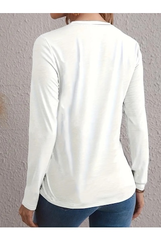 Ahes Shopping Kadın Uzun Kollu Bisiklet Yaka Kalp Desenli Bluz Beyaz