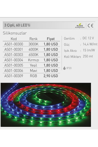 Ack Marka 3 Çip 5 Metre 60 Led İç Mekan Şerit Led - Gün Işığı