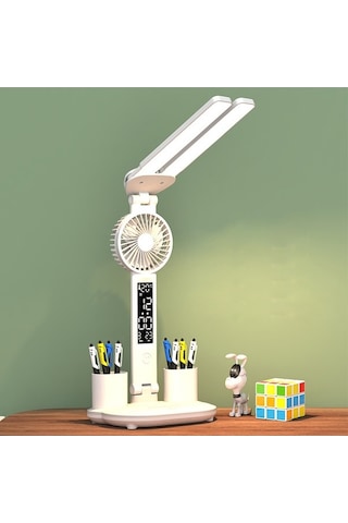 Maoyaya Çift Kafa Led Masa Lambası, Dokunmatik Kontrol, Saat & Kalem Tutucu, Sıcaklık Saati, Renk Değiştirme, Kısılabilir, Parlaklık Ayarı Çok Renkli