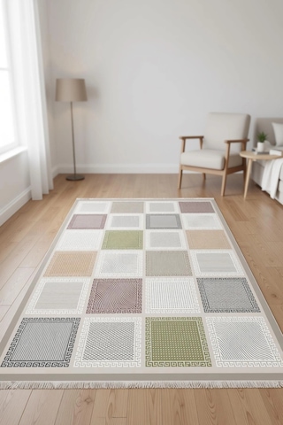Blghome Pastel Renk Kare Desen Dekoratif Halı Çok Renkli