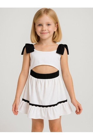 Kız Çocuk Omuzları Fiyonk Detaylı Bel Dekolte Detaylı Elbise-16068 Beyaz