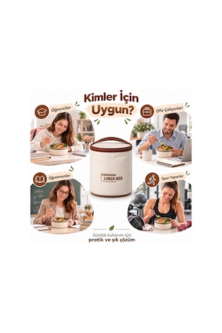 Paslanmaz Çelik Taşınabilir Lunch Box Vakumlu Yemek Kabı Seti, Çatal-kaşık Bölmeli Isı Yalıtımlı Taşıma Çantalı Sefertası Seti Bej
