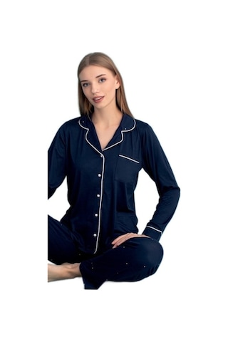 Berna Collection Kadın Pijama Takımı Düğmeli Yumuşak Dokulu Esnek Lacvert