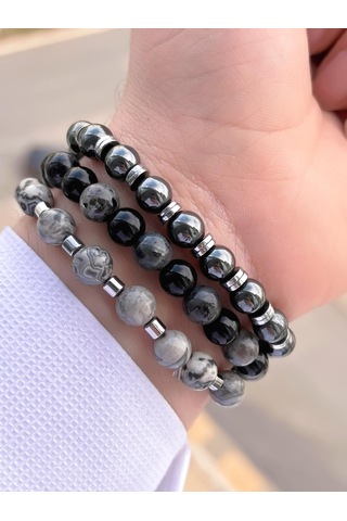 Nursaat 3 Lü Özel Tasarım Unisex Doğal Taş Bileklik Jasper-hematit-onix 08 Renkli