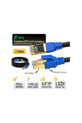 Feny Fn-cat7ls03 10gbps İnternet 600mhz 3 Metre Cat7 Gold Patch Kablo Yanmaz- Yüzde 100 Saf Bakır