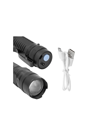 Üç Modlu , 1300 Metre Menzilli, Usb Şarjlı, El Feneri, Alüminyum, Ip6, Siyah