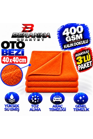 Microfiber Oto Kurulama Bezi 40x40 400 Gsm Kalın Dokulu Turuncu 3 Lü Paket