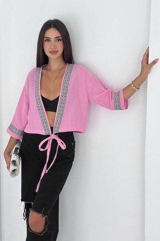 Noa & Noa Kadın Bağlamalı Dekor Şeritli Crop Top Gömlek Street Muse Pembe