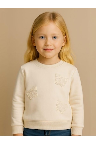 Kız Çocuk Kelebek Desenli Sweatshirt-16229 Beyaz