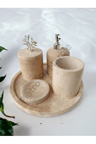 Sarı Traverten Klasik Model 5 Parça Gümüş Renk Mercan Aksesuarlı Banyo Seti Sarı Traverten