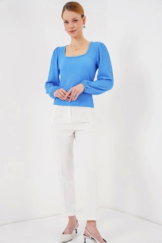 Defymoda 0442 Uzun Kollu Bluz - Saks Saks