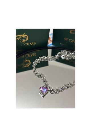 Dual Tone Heart Crystal Kolye Gümüş