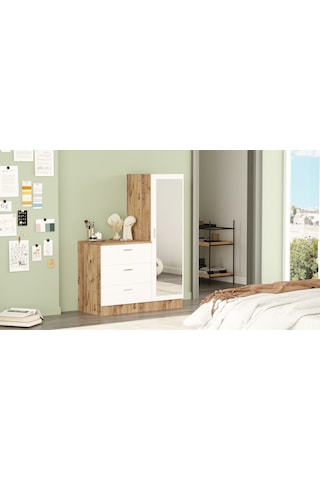 Yurudesign Nancy Aynalı Şifonyer Gardırop Çam-Beyaz