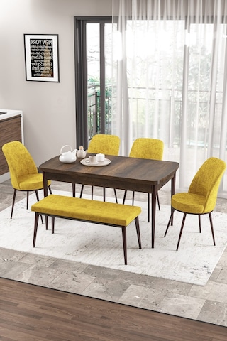 Canisa Concept Zen Serisi 80x132 Mdf Açılabilir Barok Ahşap Desen Masa Takımı 4 Hardal Sandalye Ve 1 Bench Barok Masa Sandalye Ve Bench Hardal