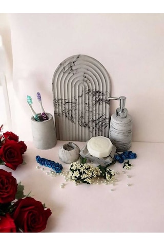 Marble Serisi Antrasit 5 Li Beton Banyo Seti, Sıvı,katı Sabunluk,diş Fırçalık,tepsi,aksesuar,dekor Gri