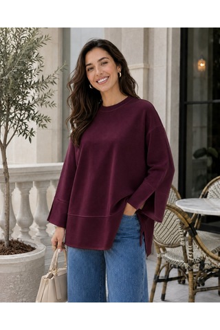 Unika Boutique Kadın Oversize Yırtmaçlı Uzun Kollu Salaş Bluz bordo