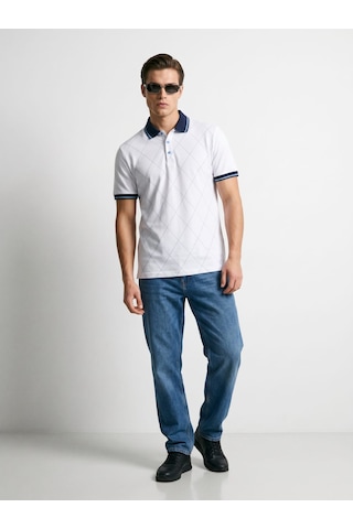 Giyim Dünyası Erkek Baklava Desenli Polo Yaka Tshirt Beyaz