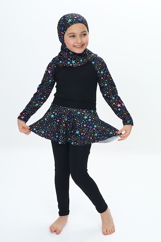 My Kids Wear Üç Parça Kız Çocuk Haşema, Tesettür, Etekli, Kapalı Mayo Mavi - Sarı