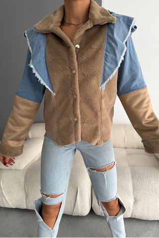 Femelle Kadın Bej İçi Süet Denim Kot Detaylı Çıtçıt Düğmeli Mont