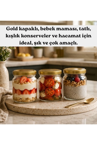 6 Adet Cam Şişe Bebek Maması-sos- Hacamat Kavanozu Olarak Çok Amaçlı Kullanım Gold Kapaklı 250 Cc Altın - Şeffaf