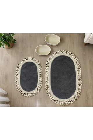 Senza Atelier Lüks 4 Lü Banyo & Antre Seti Fırfırlı Halat Çerçeveli, Peluş Dokulu Kaydırmaz Paspas Takımı Ve Sepetler Açık Gri - Antrasit