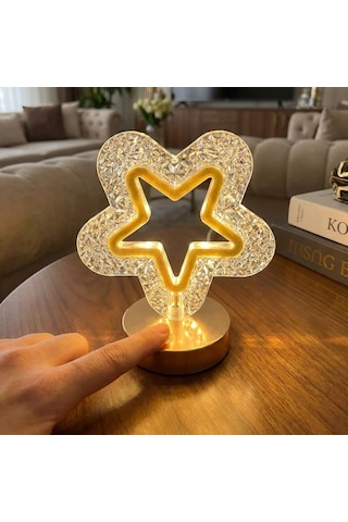 İçi Boş Yıldız Şeklinde Kristal Led Masa Lambası Dokunmatik, 3 Renk Işık Modlu, Şarjlı Mini Dekoratif Gec Renkli