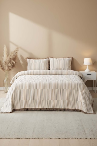 Lia Bej Çift Kişilik %100 Pamuklu Püsküllü Yatak Örtüsü Takımı 3 Parça Uyku & Çeyiz Seti